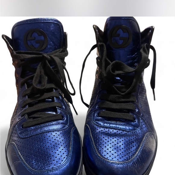 Gucci Blue Metallic High-Top Sneakers Size 9.5 (Third-Party COA Available) - Picture 1 of 8